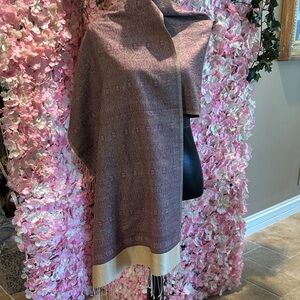 Soft J Jill Pink Burgundy Patterned Shawl Wrap with Cream Border